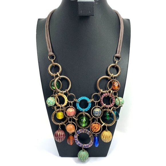 Multicolor Statement Bib Necklace With Interconnected Rings Bronze/Green/Purple - Picture 1 of 4